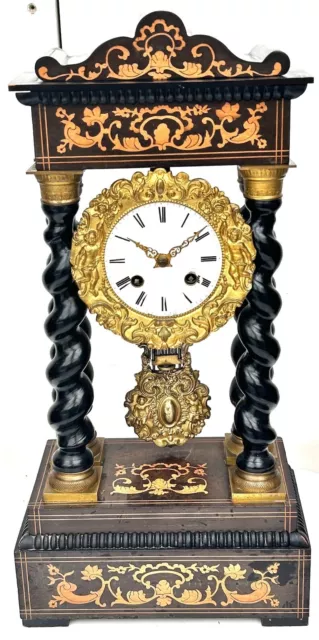 French Empire Portico Antique Mantel Clock Barley Twist Columns Striking 8-Day