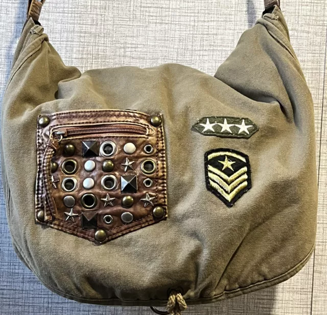 Messenger Bag Military Style CrossBody Green Canvas Leather Adjustable Straps