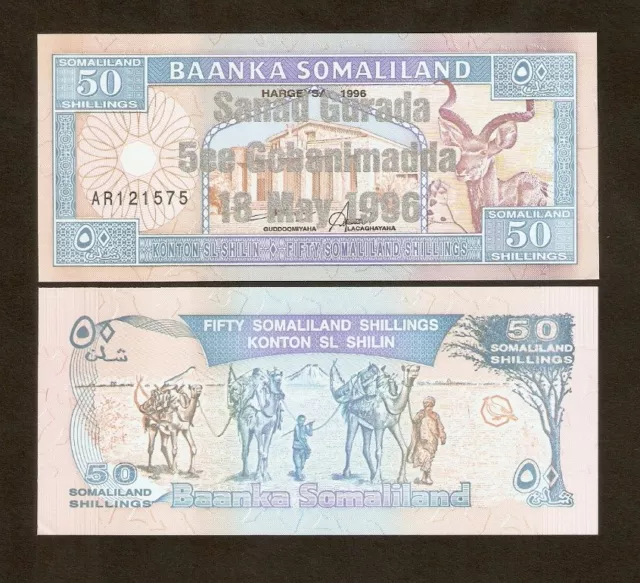 Somaliland 50 Shillin P17 B 1996 Commemorative Camel Bird Unc Silver Text Note