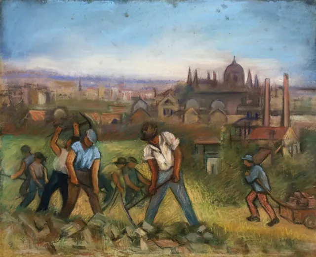 Workers On The Construction Site, Pastel Early 20th Century, Foreign School