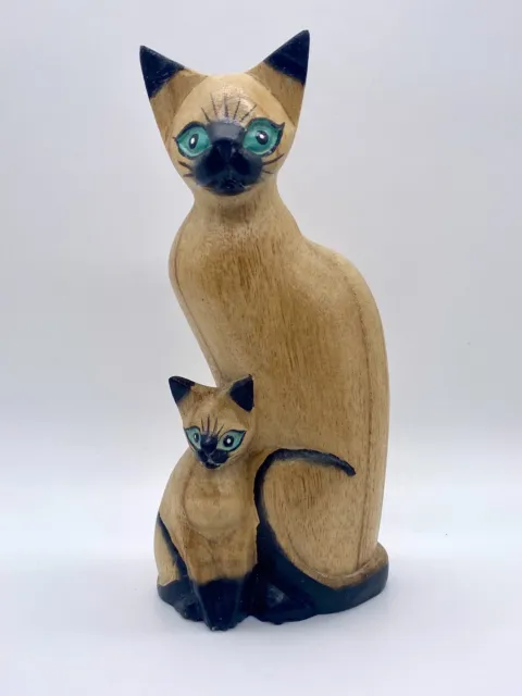 Vintage Hand Carved Painted Wood Wooden Cat & Kitten Statue Figurine Siamese