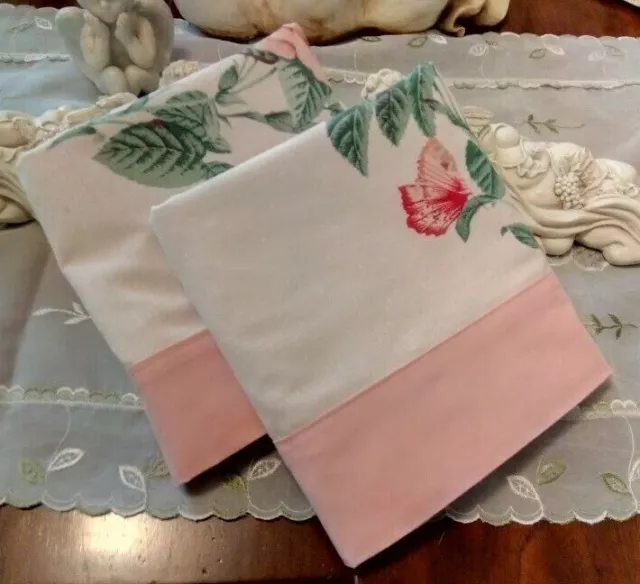 Country Cottage Set/2 Chic & Shabby Pink Roses & Butterflies Lined Pillowcases
