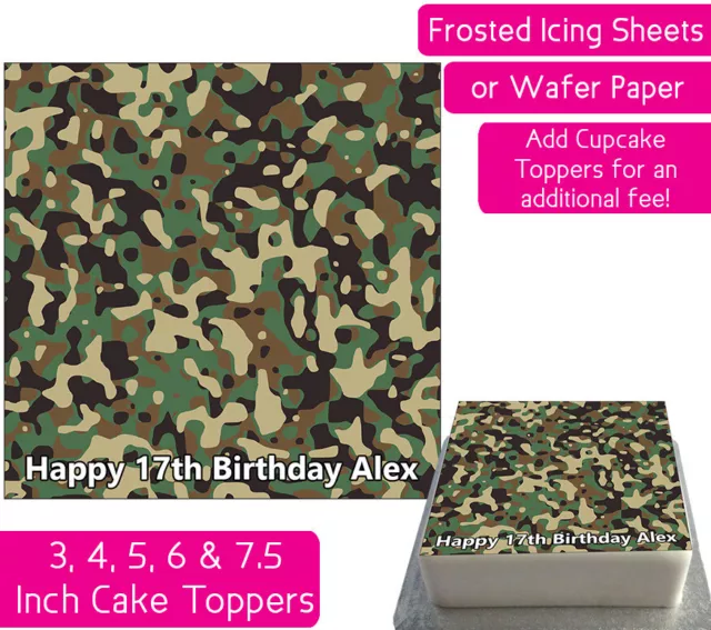 Camouflage Print Square Edible Wafer & Icing Personalised Cake Topper Decoration