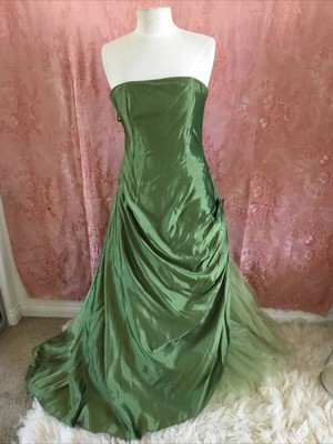 Vintage 1980s Jessica McClintock Strapless Green Satin Ruched Wedding Gown Sz XS