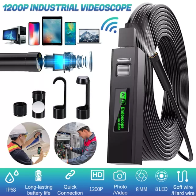 LED WiFi Snake Borescope Endoscope 8mm Inspection Camera for iPhone Android iOS