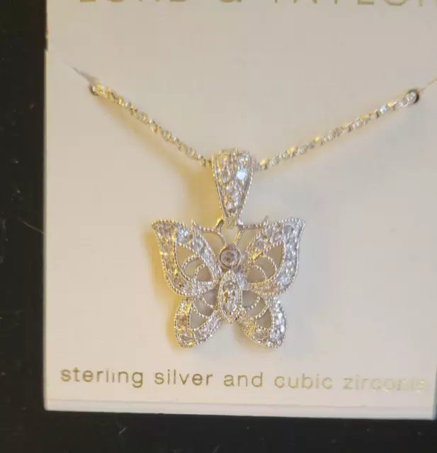 NEW Lord & Taylor Sterling Silver & Cubic Zirconia Butterly Necklace 18"