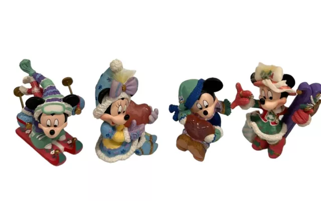Vintage Disney Enesco Mickey Minnie Figurines Skiing Christmas Lot Of 4 In Box 2