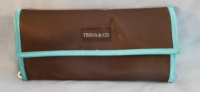 Trina & Co Brown Turquoise Trim Trifold Cosmetic Travel Bag Toiletries Make Up