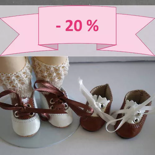 -20% - Lot de 2 CHAUSSURES en CUIR "Jackie" pour POUPEE BLEUETTE - MARRON-BLANC