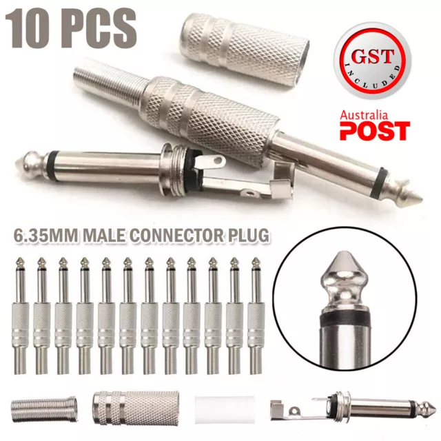 1/4'' 6.35mm Male Mono Monaural Audio Cable Jack Connector Plug Kit 10pcs/pack