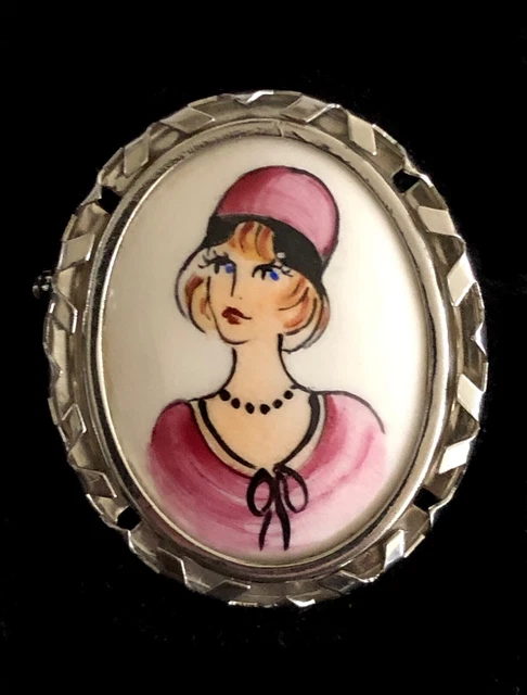 ANCIENNE BROCHE FLEURIE, bouquet peint main sous verre cerclage laiton torsadé EUR 12,00 - FR