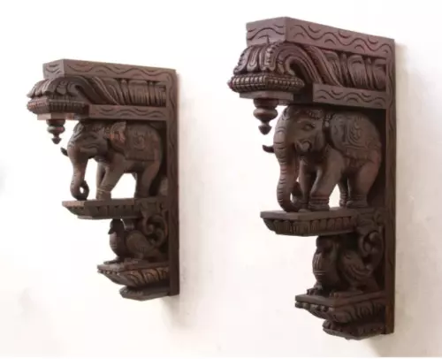 Corbel Statue Wall Hanging Set Of 2 Wooden Corbel Wall Elephant Bracket Pair New