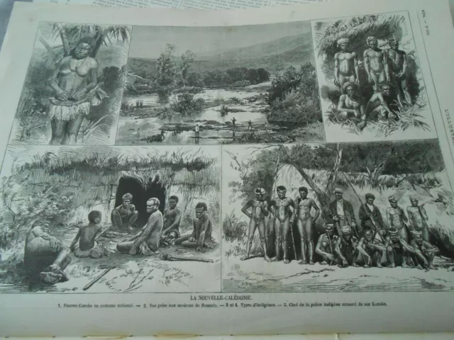 Gravure 1875 - La Nouvelle Calédonie Femme Canake Type d'homme Indigènes etc
