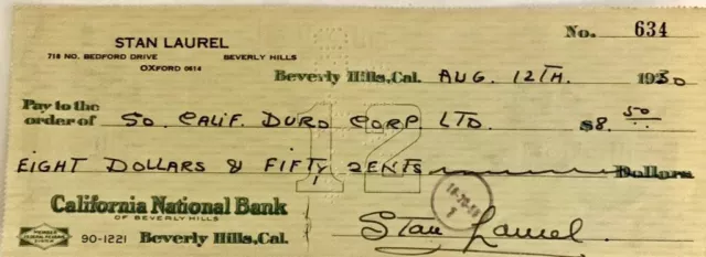 STAN LAUREL  HAND SIGNED CHEQUE DATED 12th AUGUST 1930 VERY RARE