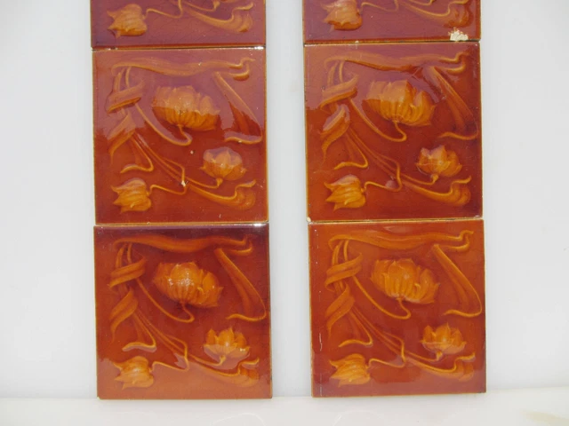 Antique Ceramic Fireplace Tiles Old Art Nouveau Flowers Leaf Tile x10