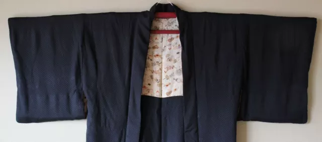Japanese Kimono Silk Haori Coat Jacket Black Family Crest Shibori Vintage