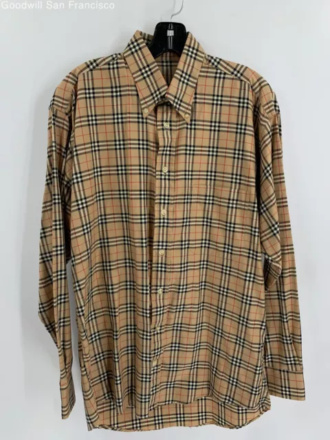 Burberry Mens Beige Plaid Cotton Long Sleeve Button-Up Shirt Size M COA