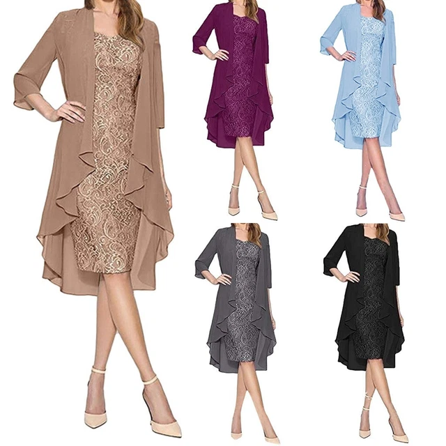 2-Piece Dress Cardigan Suit Women Plus Size Mother of The Bride Lace Formal Gown
