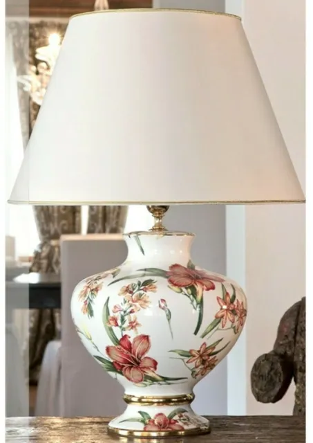 Table Lamp IN Majolica Italian Glossy Decorated with Flowers Light D' Rest