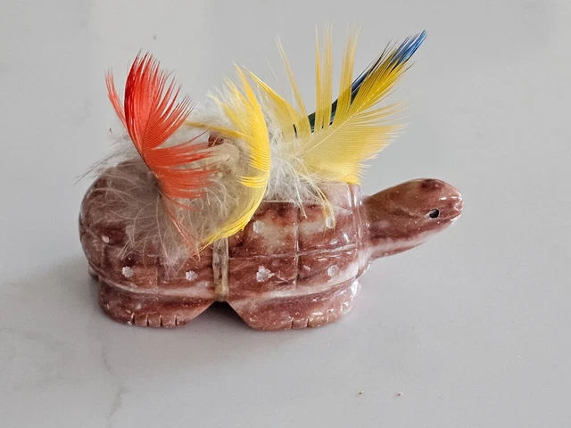 Signed Large Turtle Zuni Fetish Feathers Bundle Carving Native American