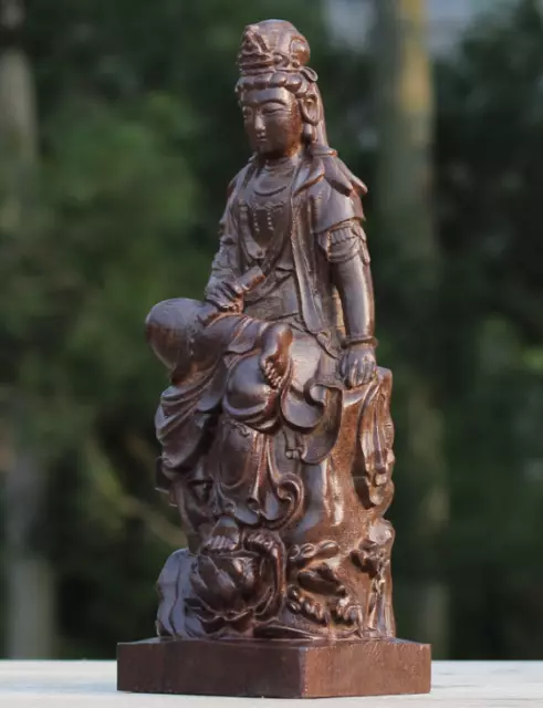 9.4" Chinese Hand-carved AgarwoodBuddhism Kwan-yin Goddess GuanYin Buddha Statue