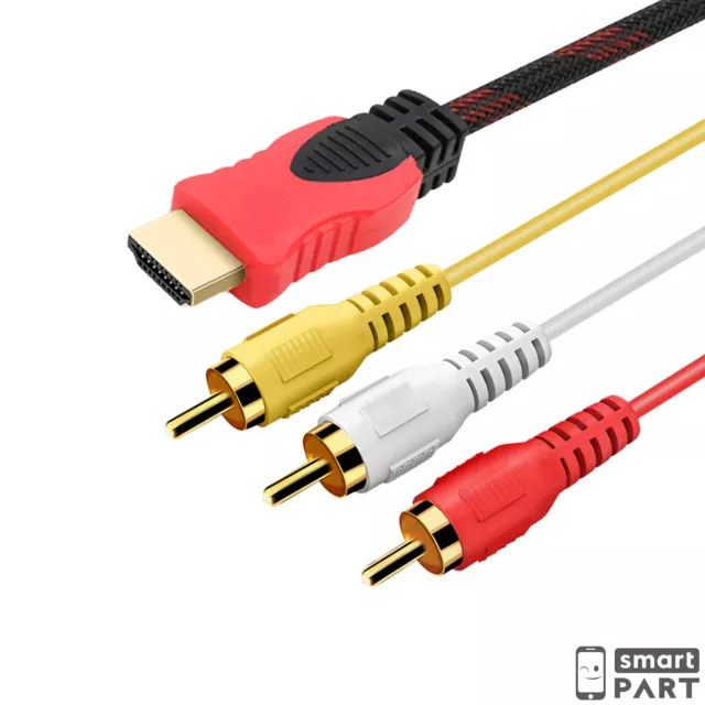 PREMIUM 1,5M HDMI zu 3RCA Kabel Chinch AV Konverter Audio Video Multimedia Gold