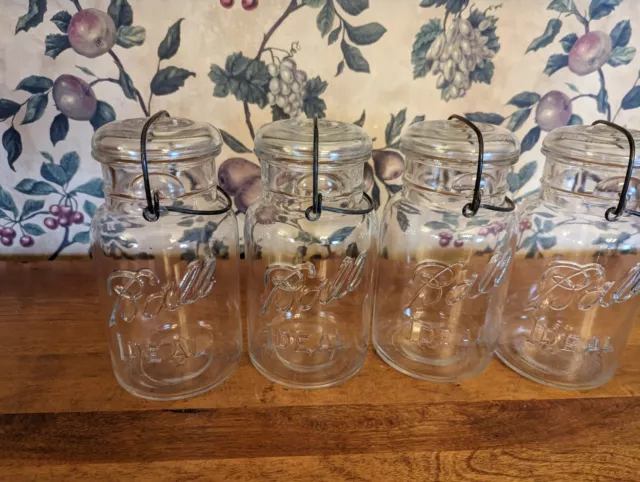 4- Vintage Ball Ideal Quart Clear Fruit Jars With Glass Lids Wire Clamp
