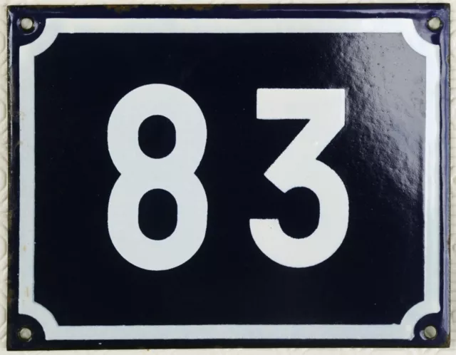 Large old blue French house number 83 door gate plate plaque enamel sign NOS