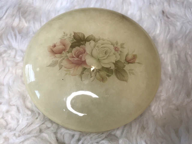 Vintage Alabaster Floral Hand Carved Trinket Box Italy Keepsake Jewelry Round