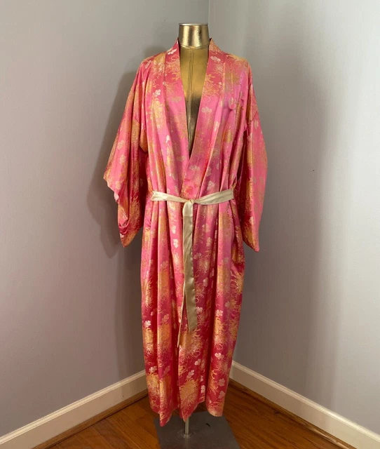 JAPANESE KIMONO ROBE Long LARGE Vintage Woven PINK GOLD FLORAL