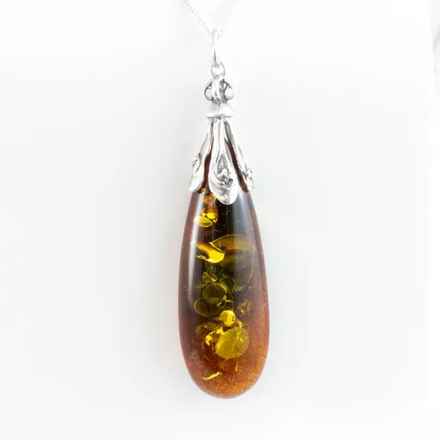 GENUINE BALTIC AMBER Sterling Silver Long Teardrop Pendant with Silver ...