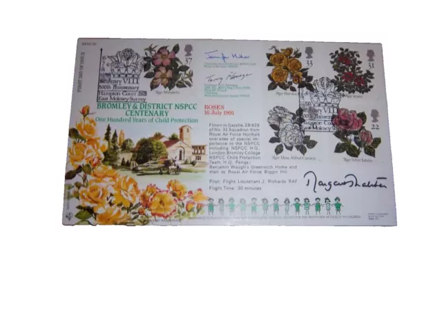 Rfdc95 Special Margaret Thatcher Signed + 3 Roses First Day Cover Special P/Mark