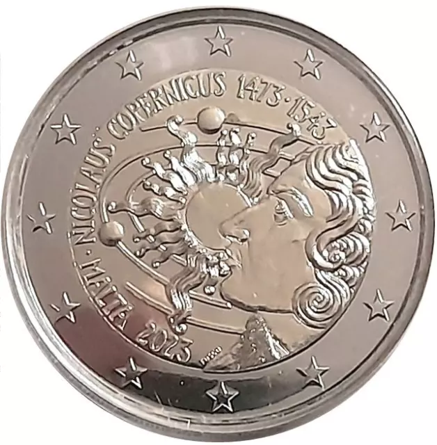 Malta coin card 2€ euro 2023 Nicolaus Copernicus Heliocentric theory Sun stars