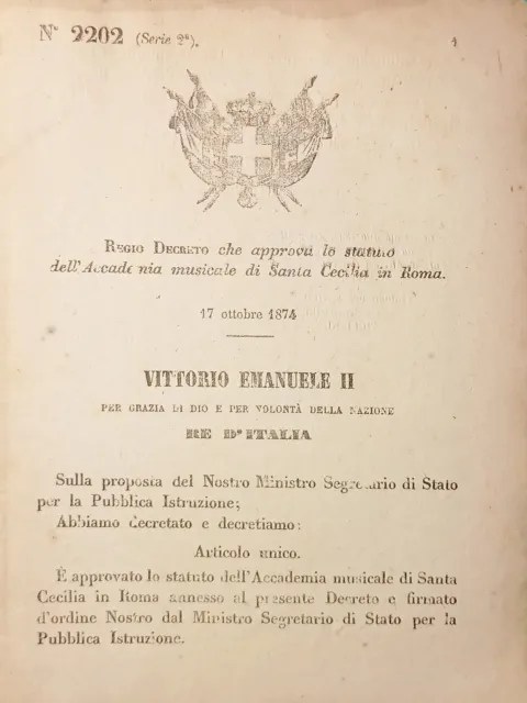 Decreto Regno d'Italia - Statuto Accademia musicale di Santa Cecilia a Roma 1874