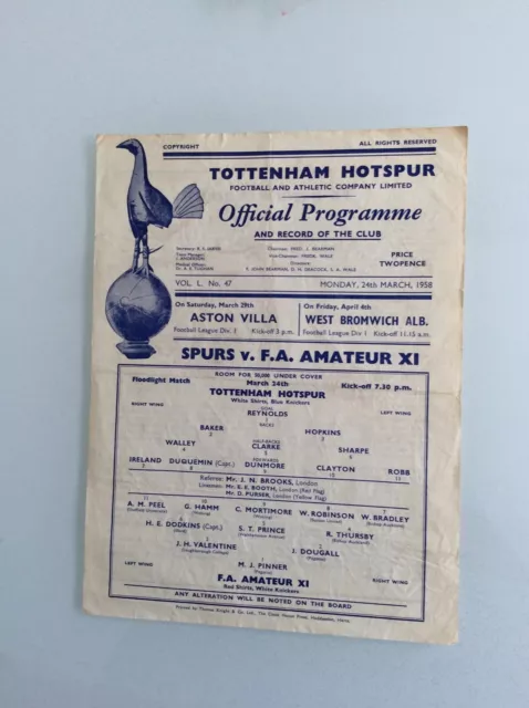 Tottenham Hotspur V Fa Amateur X1 24.03.1958 Floodlight Friendly