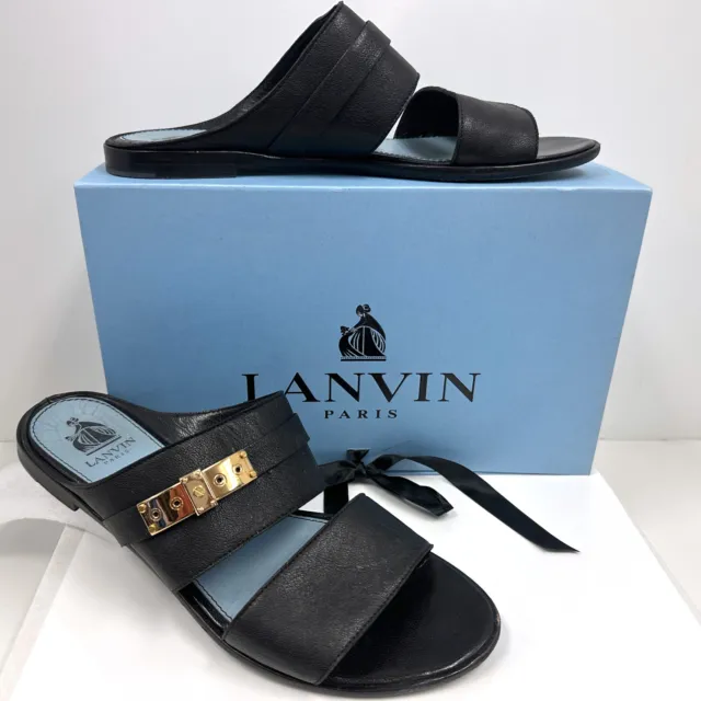 Lanvin Sz 10 (40.5) Black Lambskin Flat Mule Sandals w Lock Detail, Box Incl.