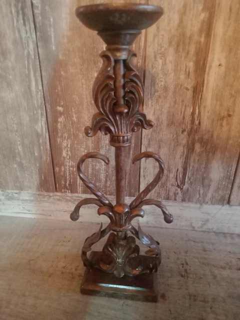 Wrought Iron Candle Holder Antique Brass Finish. 15.25" High 4.75" Wide 3" Deep