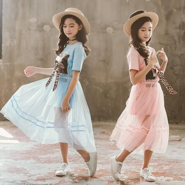 T-Shirt Rete Principessa Gonna Abito Coreana Bambini Bambina Set 2pcs