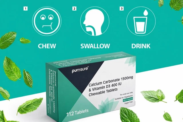 CALCIUM CARBONATE CHEWABLE Tablets Mint 1500mg Vitamin D3 112 Count £12 ...