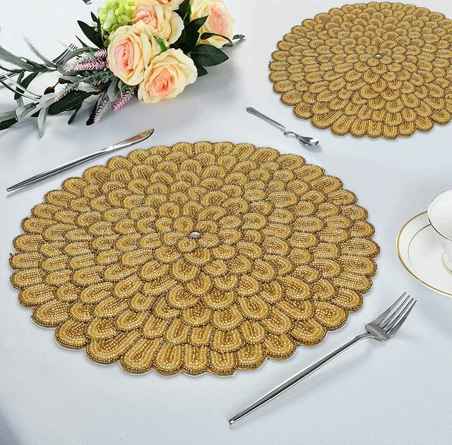 Farmhouse Beaded Placemats Set of 2 for Dining Table 13 Inch Gold Multi Colour B