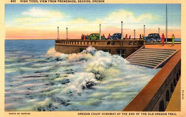 Seaside,OR High Tides View from Promenade Clatsop County Oregon Vintage Postcard