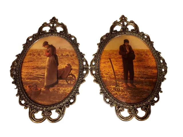 Pair Oval Convex Dome Glass Pictures Ornate Brass Frame Farmer/Wife Praying 17"