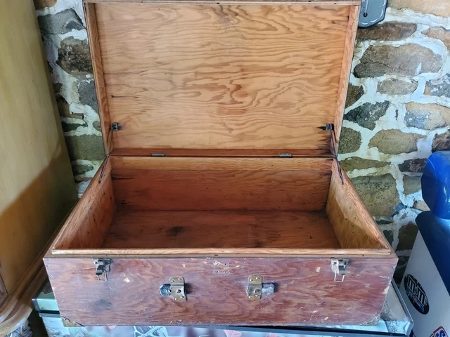 Large Antique Green Painted Dovetailed Wooden Wrought Iron Trunk Chest M.H.