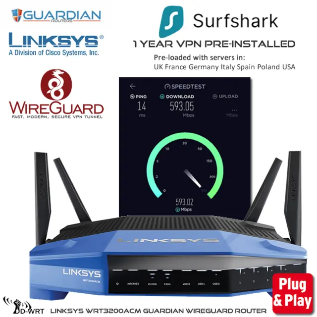 Linksys WRT3200ACM Guardian Wireguard VPN Router Pre-Configured 1Y VPN Installed