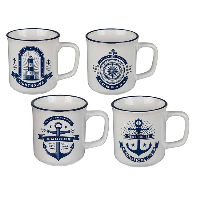 Maritim Tassen Kaffeetasse Kaffeebecher Leuchtturm Kompass Anker Kaffee 4er-Set