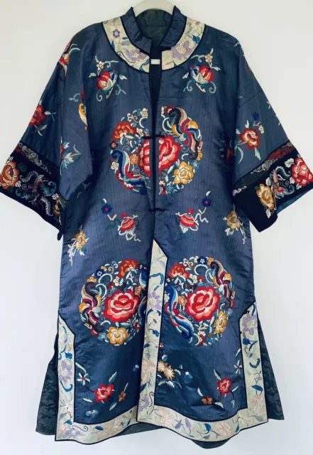 Antique Qing Dynasty Chinese 1900 Embroidered Silk Robe With Subtle Stripe
