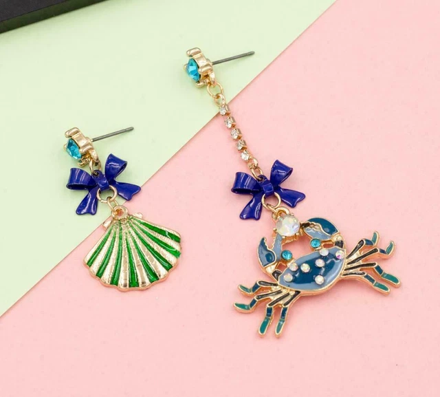 Betsey Johnson Enamel Glazed Blue Crab Shell Bow Drop Earrings