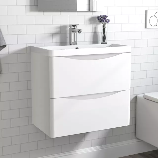 500/600/800 Bathroom Vanity Unit with Basin and 2 Drawers Gloss White Wall Hung