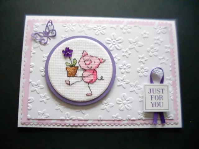 Hand Made Completed Cross Stitch  Cards  Pig