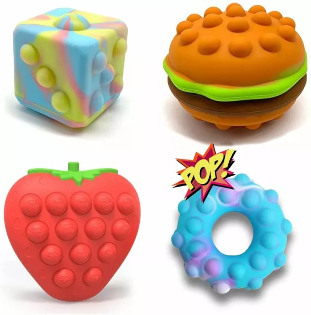 B-THERE 3D Pop It Fidget Set of 4, Silicone Push Bubble Toys, Hamburger...
